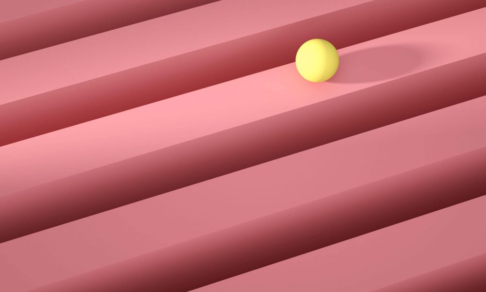 Geometric yellow sphere rolling over a pink stripe. Abstract background concept, 3d render